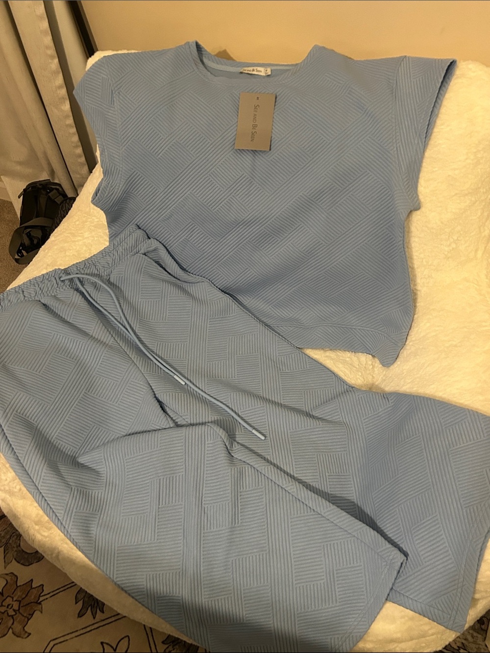 Women's Light Blue Textured Jogger Set - Relaxed Track Pants & Short-Sleeve Top